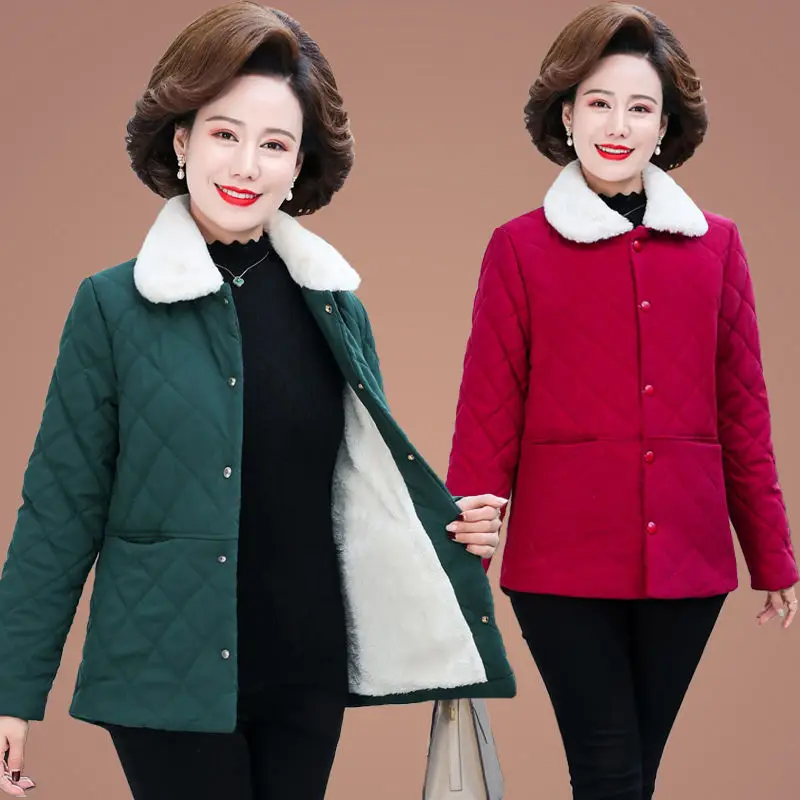 

Middle-Aged Elderly Women Winter Add Velvet Padded Cotton-Padded Clothes Mother New Fur Collar Cotton- Keep Warm Jacket L21