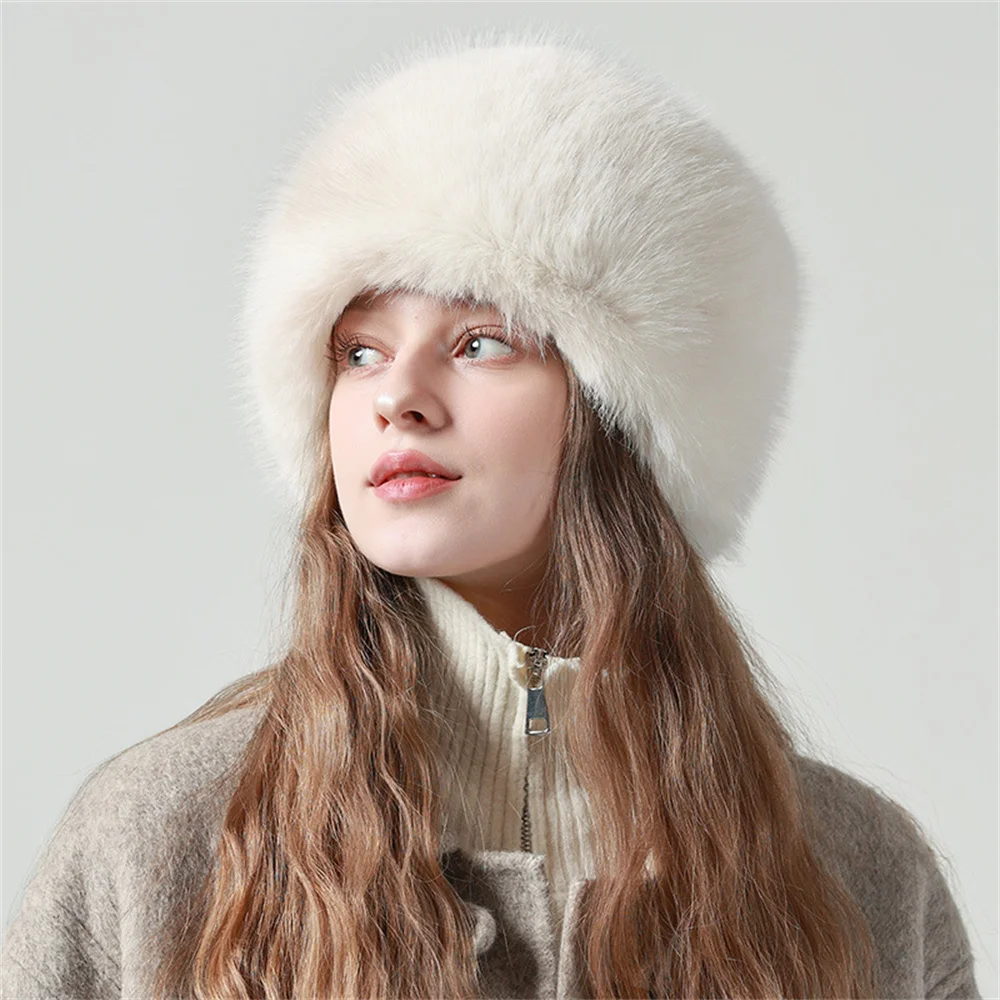 Women’s faux fur winter hat – fluffy warm bucket cap with ear protection