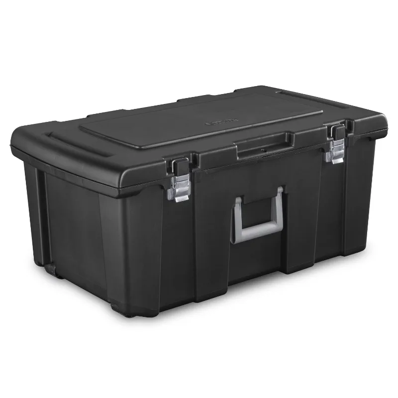 

Sterilite 23 Gal Lockable Footlocker Toolbox Container w/ Wheels, Plastic, Black/ Red/ Teal Sachet