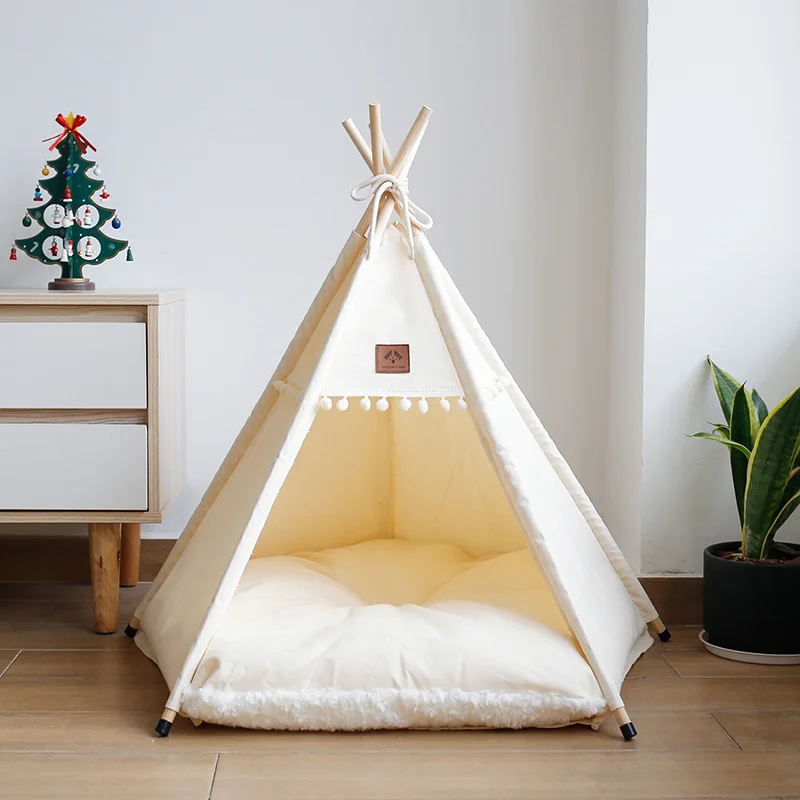 

Pet Cat Tent Dog House Bed with Thick Cushion for Cats Dogs Deep Sleeping Indoor Canvas Soft Indian Puppy Teepee Pet Supplies