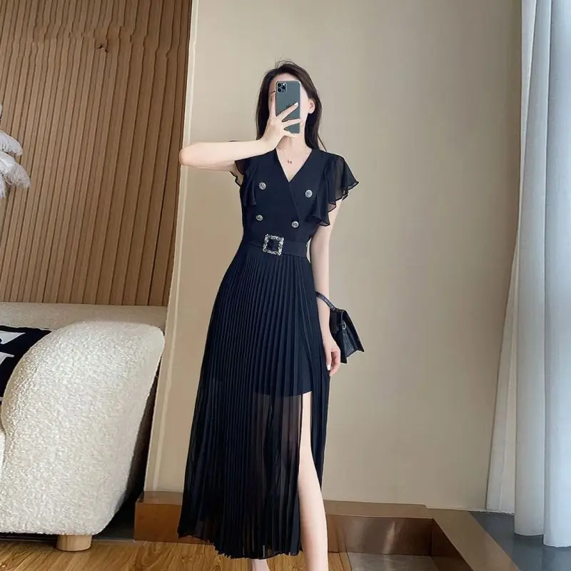 

Hepburn Style Temperament Age Reducing Dress Women's 2023 Summer New Arrival Waist Slim Fit Show Thin Pleated Side Split Skirt