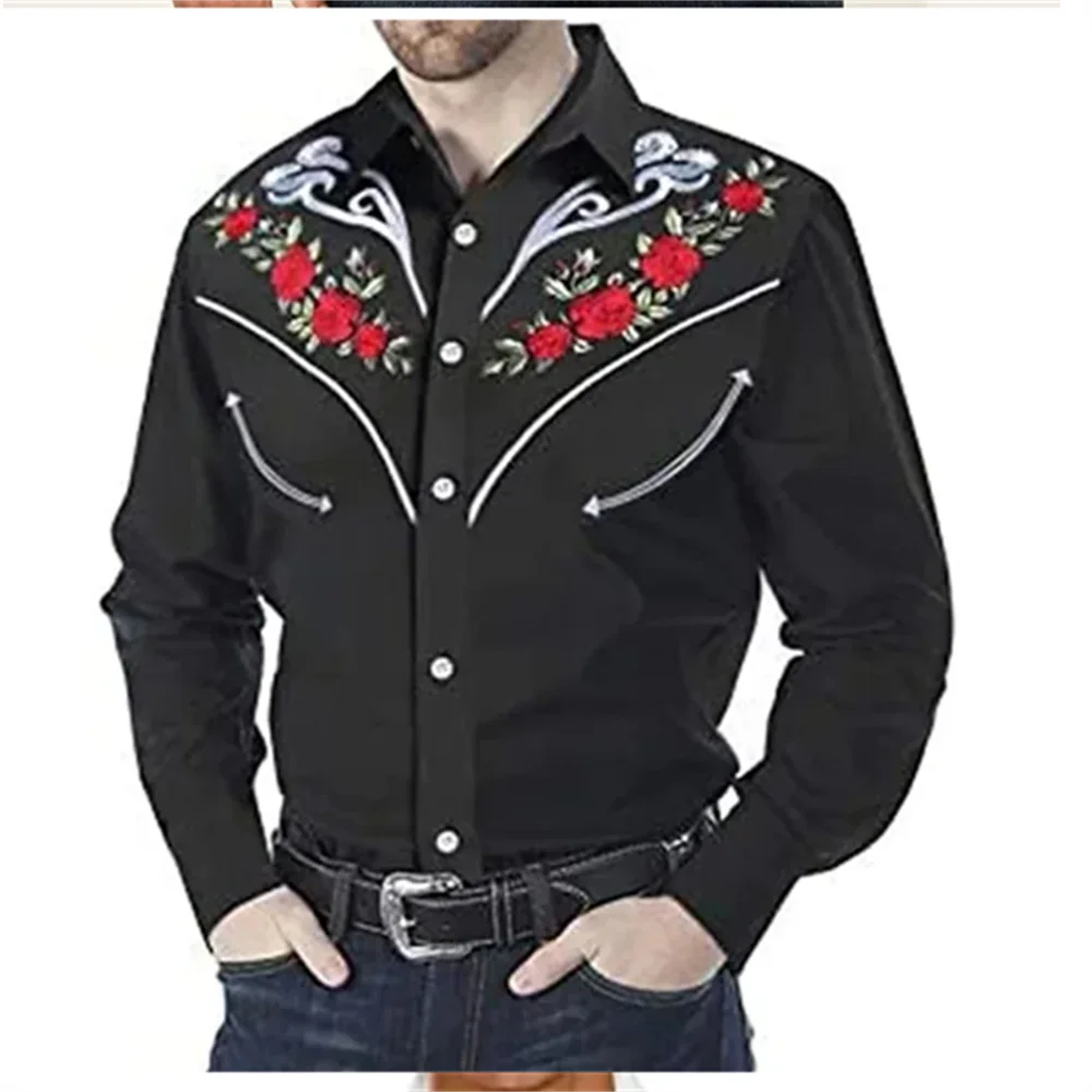 

Casual Western Men's Shirt Denim Western Shirt Outdoor Street Casual Daily Autumn and Winter Cuffed Long Sleeve Top