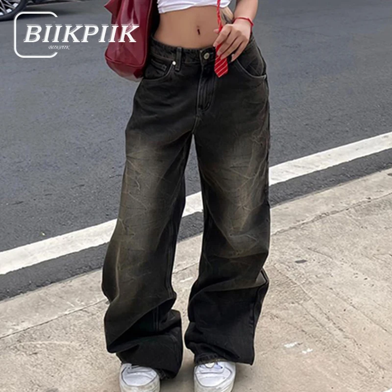 

BIIKPIIK Streetwear Unique Washed Loose Women Jeans Casual All-match Straight Pants Concise Basic Trousers Autumn Winter Bottom