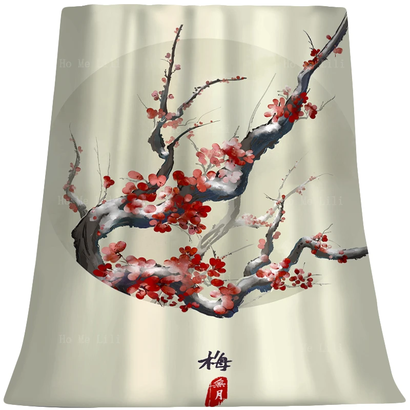 

Chinese Ancient Style Plant Red Plum Bird Ink Painting Wintersweet Flannel Blanket By Ho Me Lili Fit For All Seasons Use