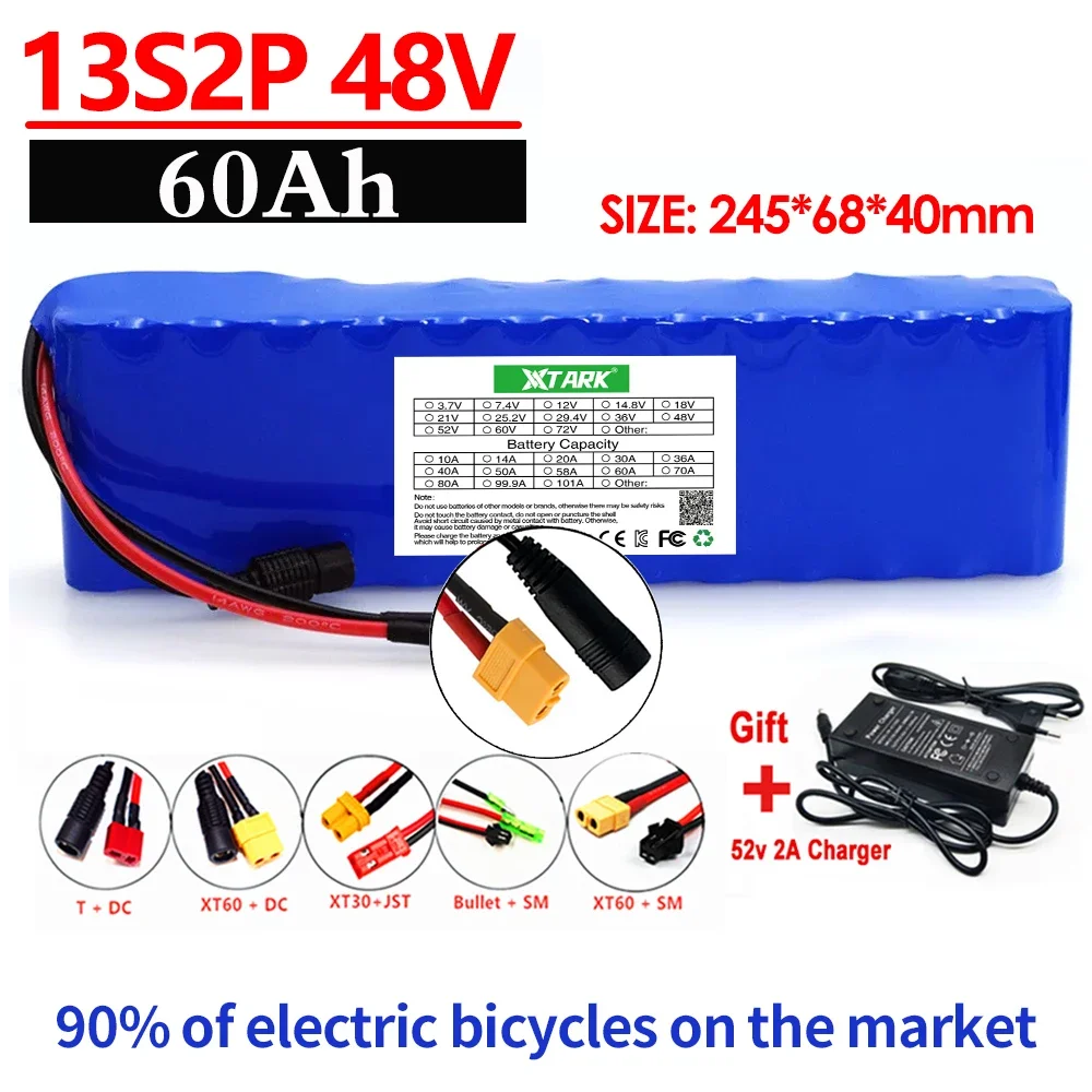 48V 60Ah 1000w 13S2P XT60 48V Lithium ion Battery Pack 60000mah For 54.6v E-bike Electric bicycle Scooter with BMS+charger
48V 60Ah 1000w 13S2P XT60 48V Lithium ion Battery Pack 60000mah For 54.6v E-bike Electric bicycle Scooter with BMS+charger