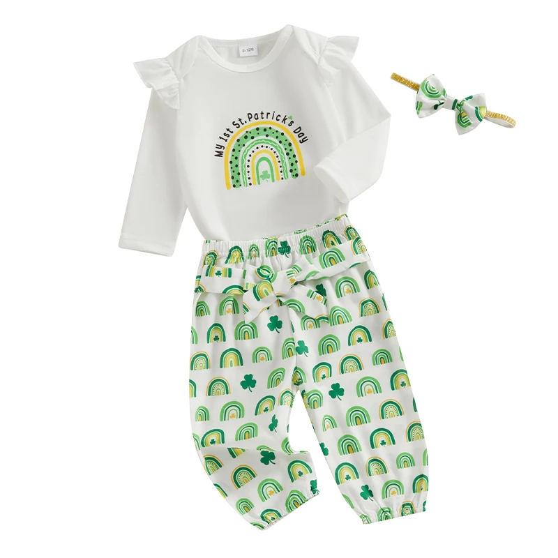 

My First Baby Girl St Patricks Day Outfit Newborn Infant Long Sleeve Irish Clover Shamrock Romper Lucky Pants Set