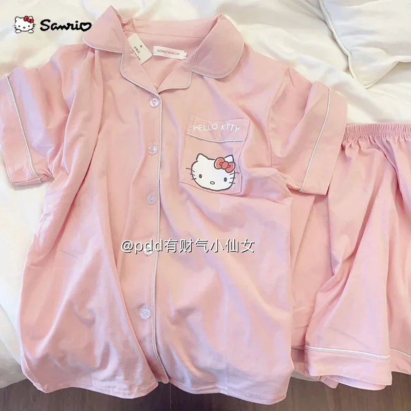 

New Cute Sweet Girl Pajama Set Hello Kitty Sanrio Cartoon Japanese Style Simple Summer Thin Short Sleeve Shorts Homewear