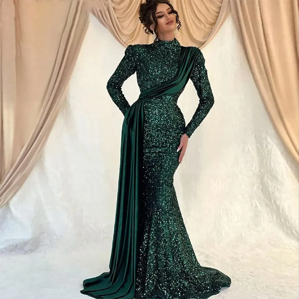Elegant Saudi Arabic Women High Neck Sequin Mermaid Evening Dresses Long Sleeve vestidos de fiesta Formal Occasion Party Dress
Elegant Saudi Arabic Women High Neck Sequin Mermaid Evening Dresses Long Sleeve vestidos de fiesta Formal Occasion Party Dress