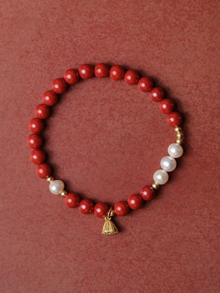 

Natural Ore Cinnabar Imperial Sand Bracelet s925 Ancient Silver Gold Plated Lotus Canopy Freshwater Pearl Bracelet for Women