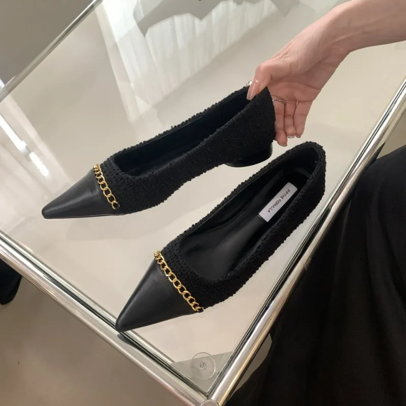Fashion Metal Chain Decoration Low-heeled Shoes Women Elegant Pointed Toe Shallow Brand Designer Shoes Comfort Zapatos De Mujer 40 S9f9a7e034768486abdd4f07ecc1540757