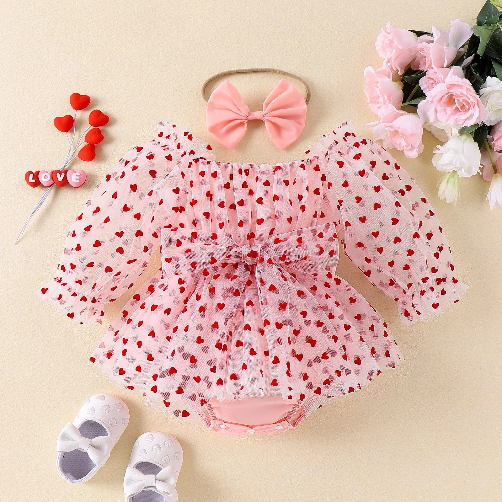 

0-18M Infant Baby Girls Valentine's Day Romper Tutu Dress Heart Print Long Puff Sleeve Mesh Tulle Jumpsuits With Bow Headband