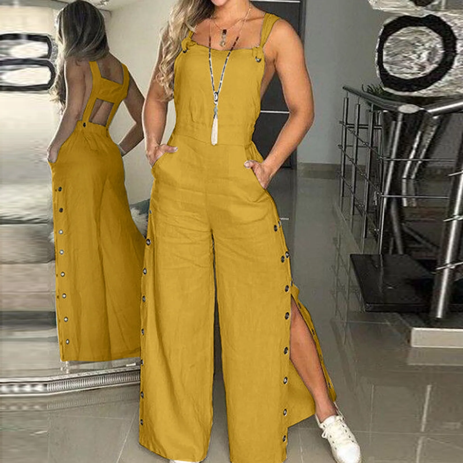 

Women's Elegant Summer Jumpsuit Sleeveless Long Overalls Solid Color Strappy Pants Button Openings Loose Long Pants With Pockets