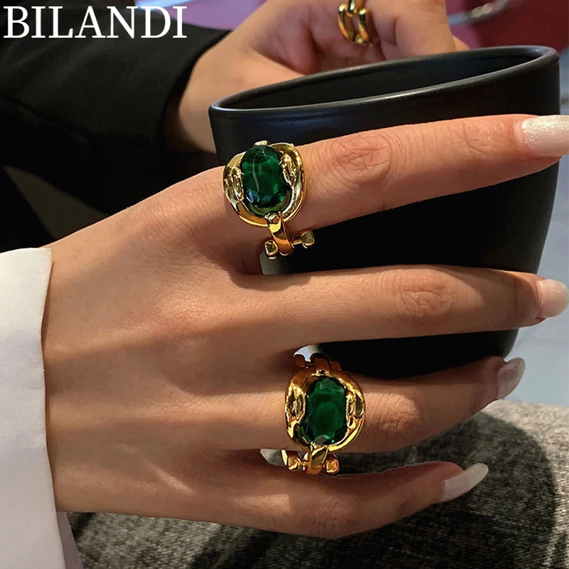 Bilandi – bague géométrique pour femmes, bijoux tendance, vert exagéré, cristal brillant de haute qualité, cadeaux, nouvelle tendance 2022 1
