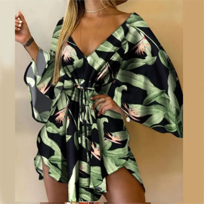 

Sexy Women Mini Dress Fashion Floral Print V Neck 3/4 Bat Sleeve Lace Up Irregular Hem Casual Loose Beach Cover Up Dress Vestido