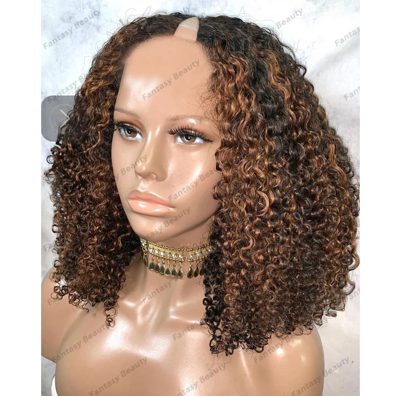 

4B 4C Afo Kinky Curly Women 100% Human Hair Ombre Blonde 1x4 V Part Wigs Natural Look Glueless Brown Bouncy Curly V Part Wigs