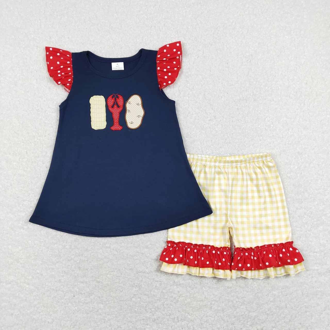 

Wholesale Kid Children Summer Short Sleeves Embroidery Crawfish Navy Blue Tunic Outfit Toddler Plaid Ruffle Shorts Baby Girl Set