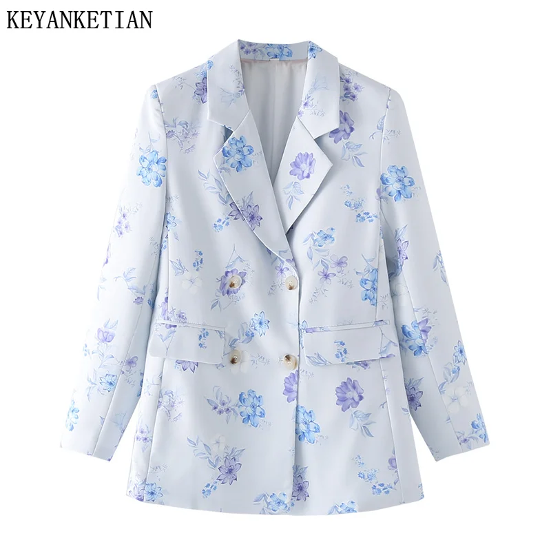 

KEYANKETIAN 2024 New Launch Women Flower Print Suit Spring Retro style Office Lady Double Breasted Flap Pockets Loose Outerwear