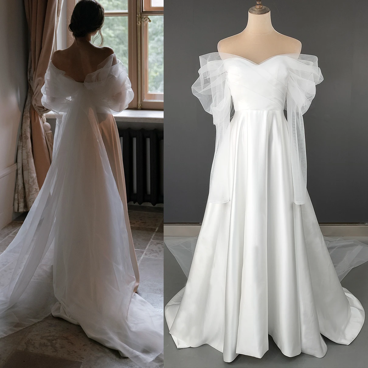 

Off Shoulder Organza Tulle A Line Elegant Wedding Dress Custom Made Long Sleeves Satin Simple Modest Real Photos Bridal Gowns