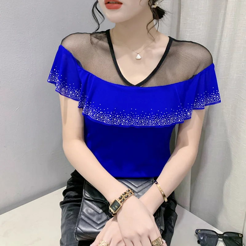 #6738 Summer Black Blue Irregular Mesh T Shirt Women Ruffles Thin Sexy Club Short Streetwear Tshirt Hollow Out Diamonds V-neck
#6738 Summer Black Blue Irregular Mesh T Shirt Women Ruffles Thin Sexy Club Short Streetwear Tshirt Hollow Out Diamonds V-neck