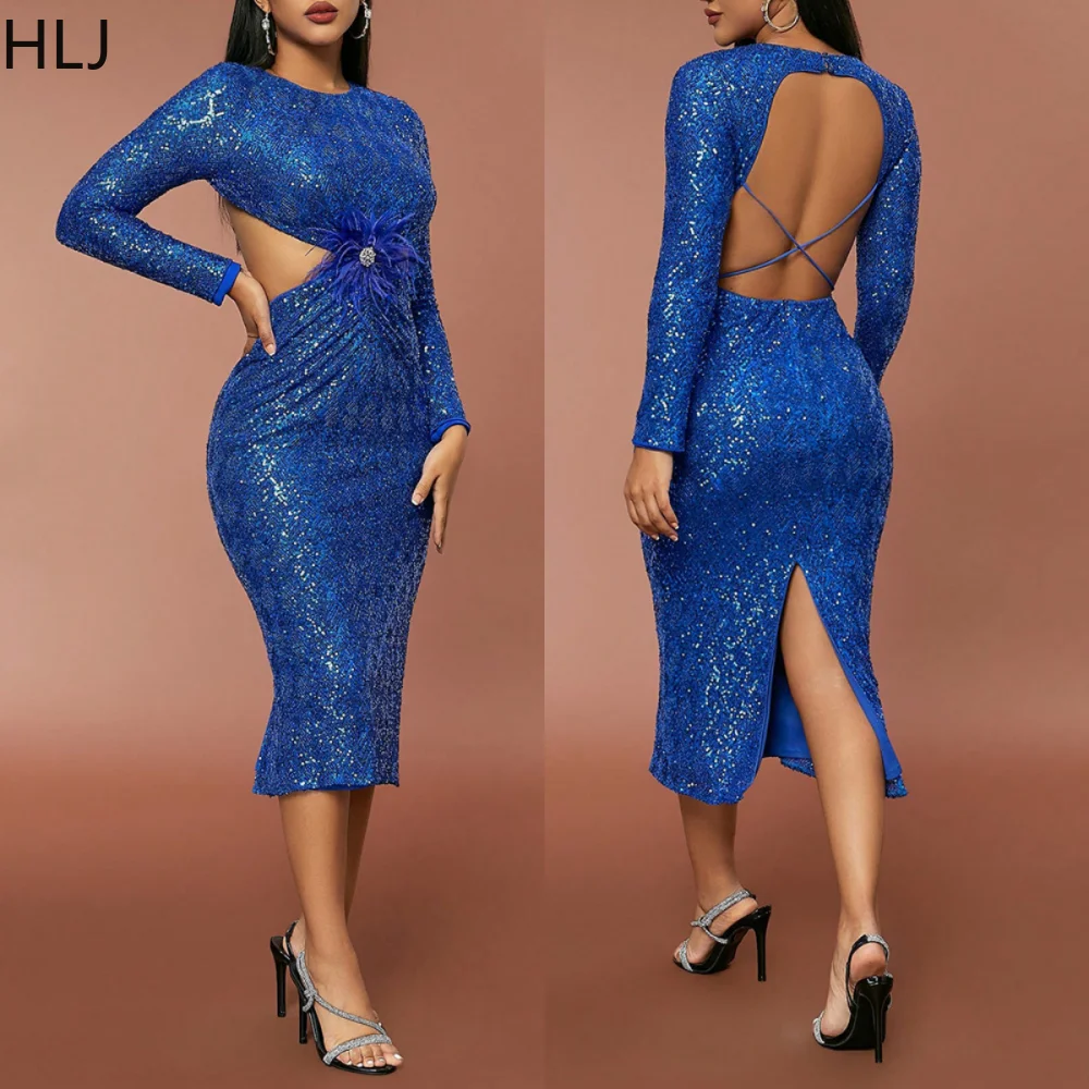

HLJ Blue Fashion Sequin Hollow Bodycon Party Club Dresses Women O Neck Long Sleeve Slim Vestidos Female Ruched Splicing Clothing