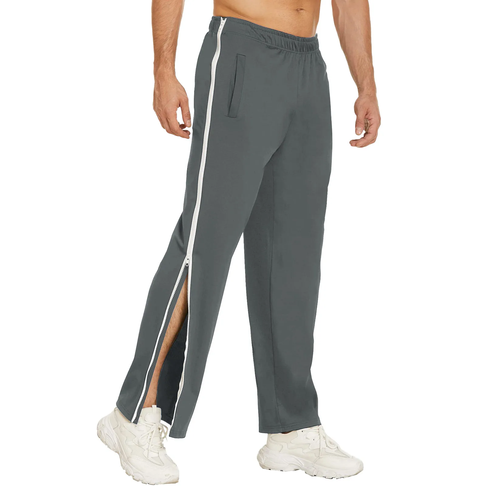 

Mid-Rise Men Sweatpants Elastic Waistband Pockets Sports Trousers Splicing Color Wide Leg Side Zipper Tear Away Basketball Pants