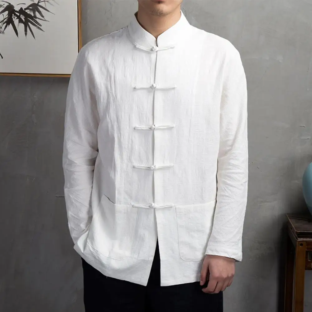 

Рубашка мужская в китайском стиле, рубашка с воротником-стойкой, длинными рукавами, карманами, дисковыми пуговицами, традиционная одежда кунг-фу, Тай-Чи, топ Тан, униформа