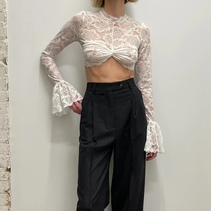 

Floral Hottie Sexy Y2k Sheer Mesh Lace Cropped Top Crew Collar Skinny Flare Sleeves Chic Ruched Kink Party Women's Short T-shirt