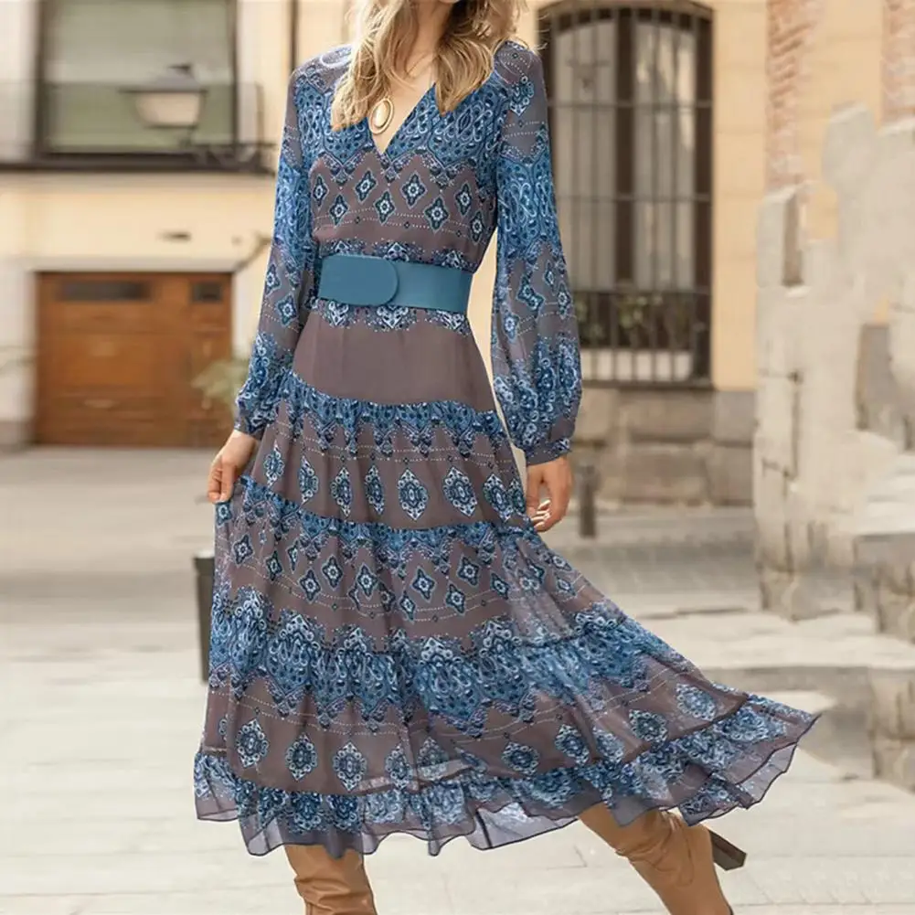 Women Long Sleeve Midi Dress Women V Neck Midi Dress Vintage Print A-line Dress Feminine Bohemian Style with Flattering High
Women Long Sleeve Midi Dress Women V Neck Midi Dress Vintage Print A-line Dress Feminine Bohemian Style with Flattering High