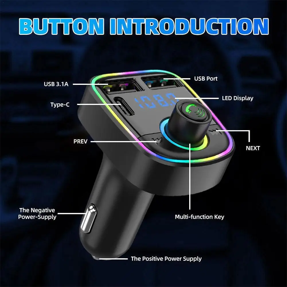 

Car Bluetooth 5.0 FM Transmitter PD Type-C Dual USB 3.1A Fast Charger Colorful Ambient Light Handsfree MP3 Modulator Player