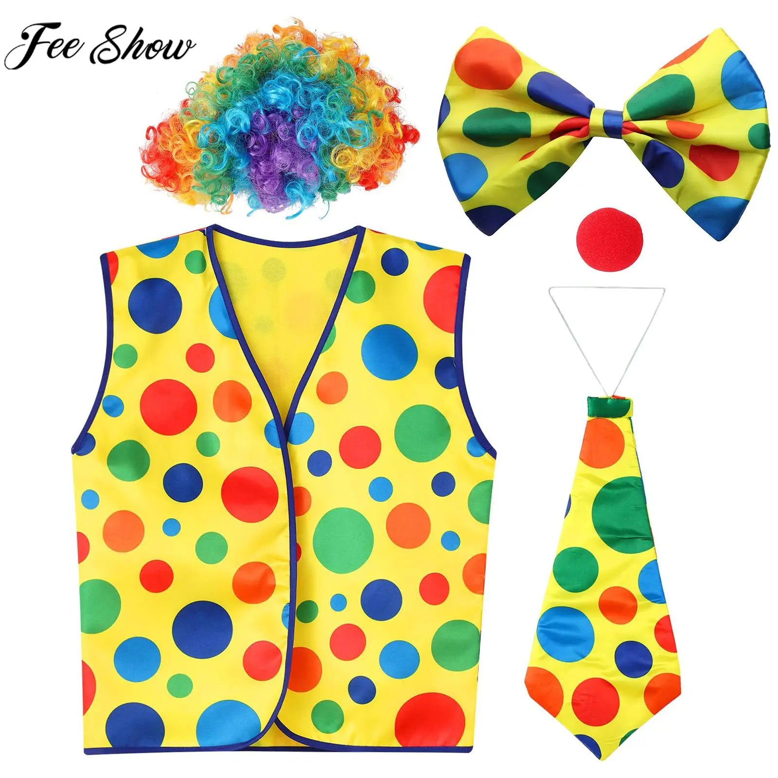 

Adult Halloween Circus Funny Clown Cosplay Costume Carnival Jester Roleplay Props Curly Hair Wig Red Nose Vest Tie Bow Gloves