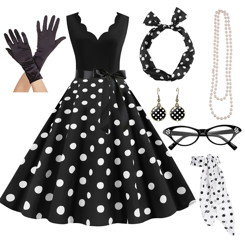 

Women's A-Line Rockabilly Dress Polka Dots Swing Dress Flare Dress with Accessories Set 1950s 60s Retro Vintage