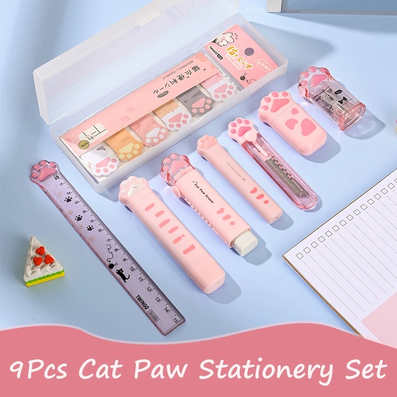 

9Pcs Cat Paw Stationery Set Kawaii Cat Claw Pen Box Pencil Sharpener Correction Tape Glue Eraser Ruler Sticky Notes Scissors Set
