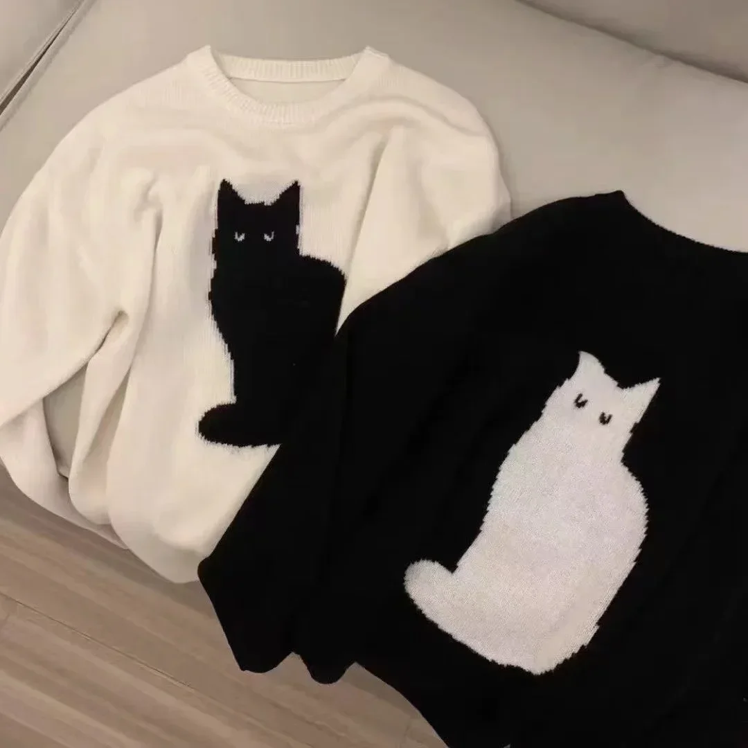 

Женский вязаный джемпер в японском стиле, теплый свитер свободного покроя с изображением милого мультяшного кота, модный винтажный пуловер, зимние пуловеры для девочек
