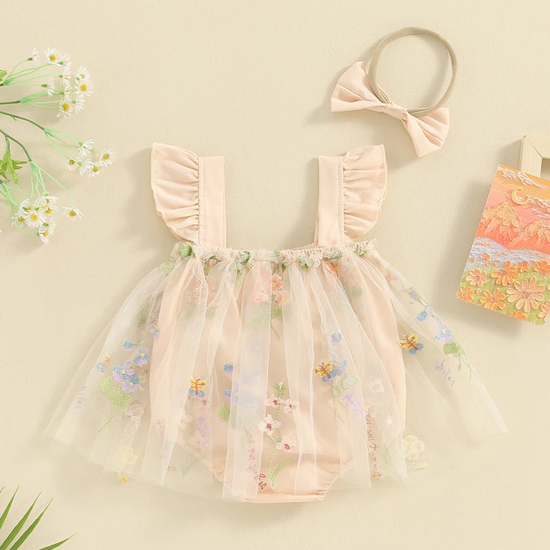 

Baby Girls Rompers Flower Butterfly Embroidery Mesh Tulle Fly Sleeve Toddler Bodysuits Summer Clothes Jumpsuits with Headband