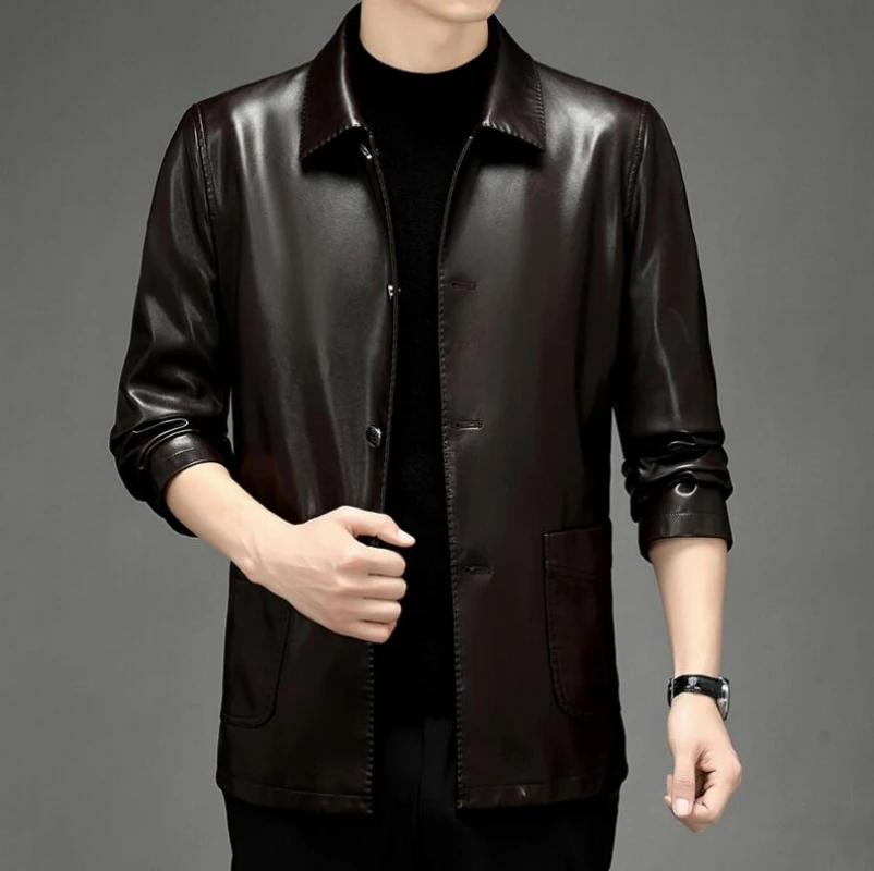 

Spring Autumn Men's Leather Suit Autumn New Button Lapel Casual Young and Middle-Aged Leather Jacket Men's Coat Trench Coats