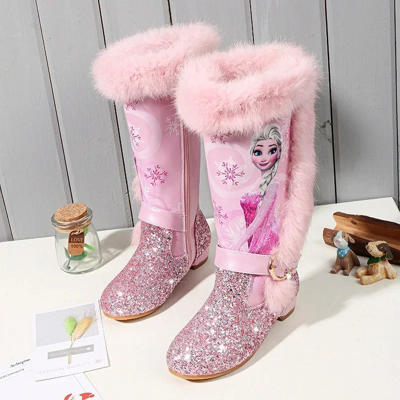 

Disney autumn and winter frozen new girls high-heeled boots little girl Princess elsa boots plus velvet warm children snow boots