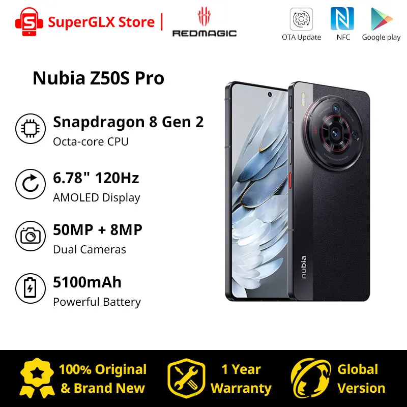 

New Nubia Z50S Pro 5G Global Version 6.78 inch 120Hz AMOLED flexible Snapdragon 8 Gen 2 Latest 50MP Dual Cameras 80W Fast Charge