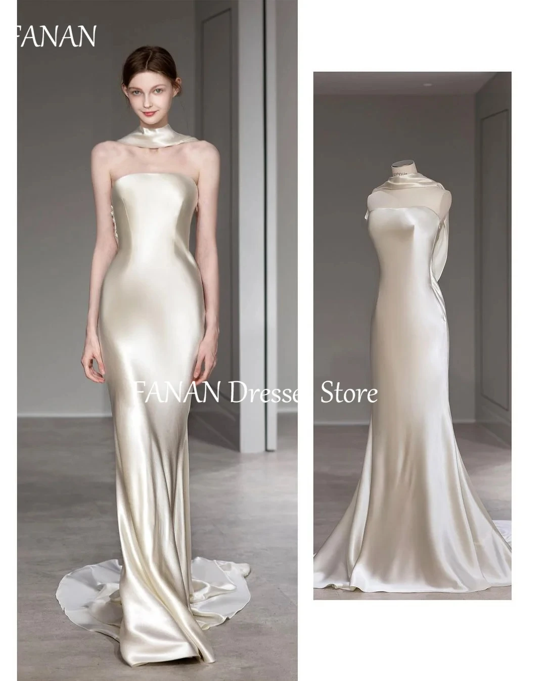 

FANAN Simple Korea Sheath Ivory Strapless Wedding Dresses Silk Satin Lace-up 웨딩드레스 Ruched Custom Made Bride Gowns Plus Size