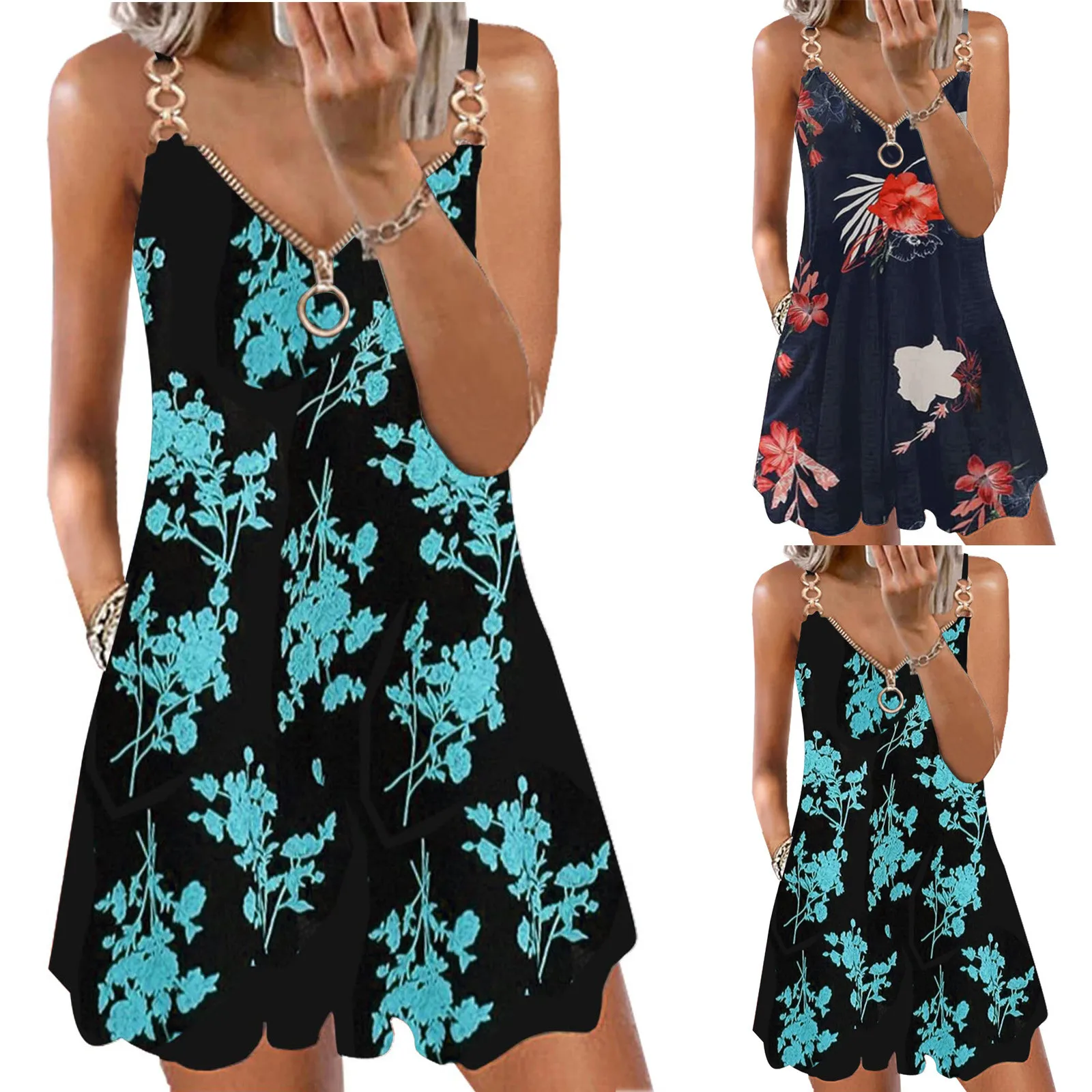 Summer Vintage Print Dresses For Women V Neck With Zipper Metal Chain Shoulder Strap Casual Sleeveless Suspenders Sundress Dress
Summer Vintage Print Dresses For Women V Neck With Zipper Metal Chain Shoulder Strap Casual Sleeveless Suspenders Sundress Dress