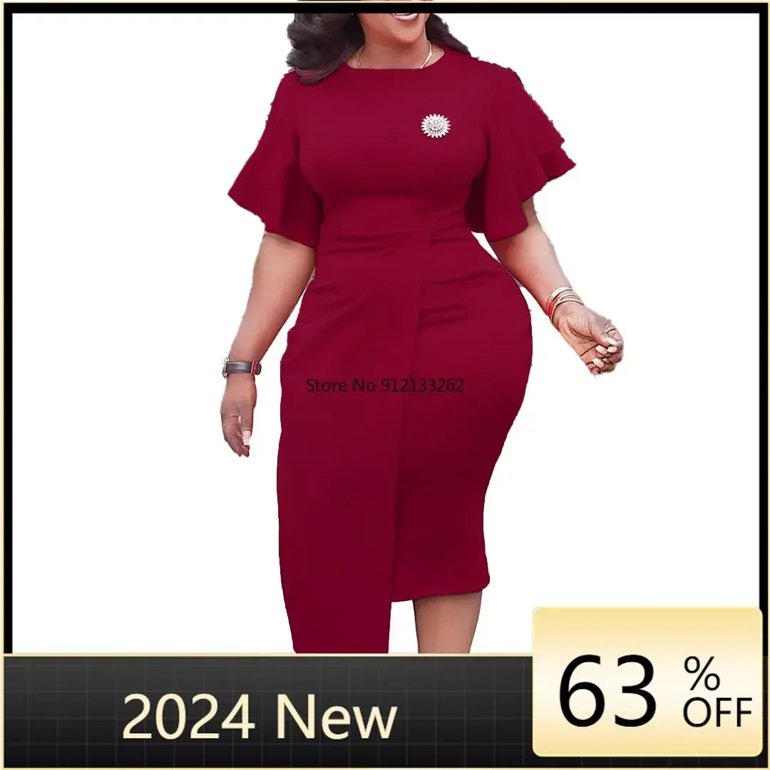 

Women's Plus Size Summer New Solid Color High Waist Temperament Commuting Slim Models Round Neck Ruffle Sleeve Office Dresses