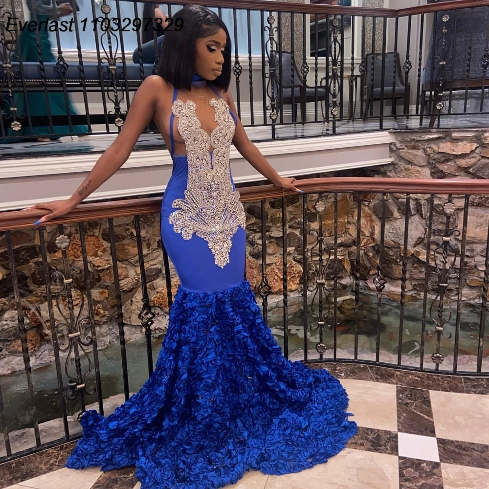 

EVLAST Sparkly Royal Blue Mermaid Prom Dress Flowers Train Silver Diamonds Beaded Black Girls Formal Birthday Party Gowns TPD79