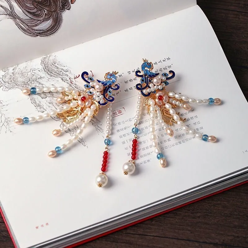 

Hanfu Headdress Phoenix Burnt Blue Hairpin Ancient Hair Ornament Tassel Step Shake Ancient Hanfu Costume Jewelry