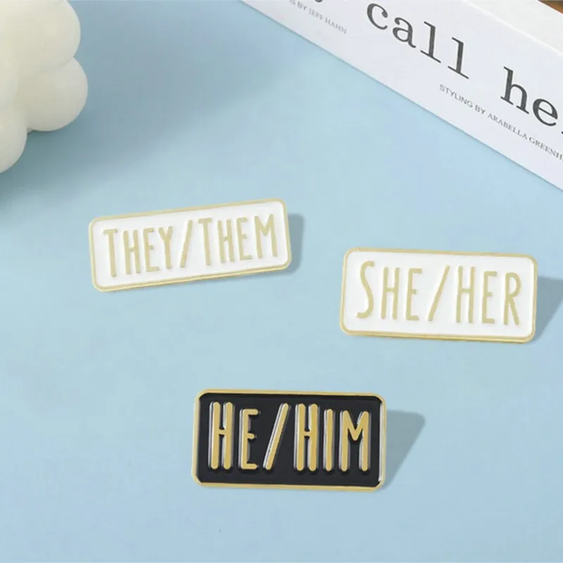 

Simple Pronouns Enamel Pins Custom HE HIM SHE HER THEY THEM Brooches Black White Lapel Badges Fun Jewelry Gift for Friends