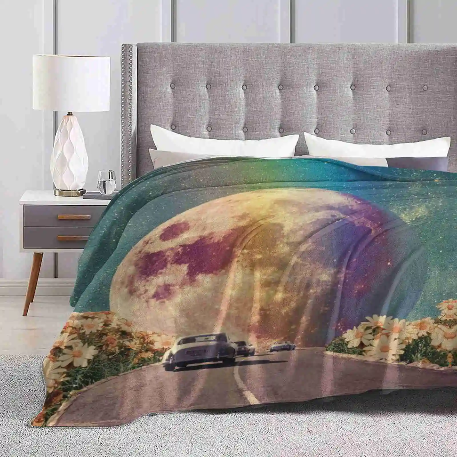 

Autumn On The Road Hot Sale Printing High Qiality Warm Flannel Blanket Collage Autumn Road Car Fullmoon Flowers Trip Surrealism