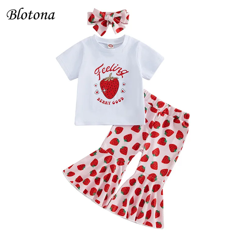 

Blotona Kids Girls Summer Sweet Outfits, Short Sleeve Strawberry Print T-shirt Tops + Flared Pants + Headband Set 6Months-4Years