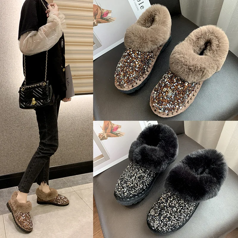 

Soft Fur Women's Shoes Platform All-Match Round Toe Crystal Casual Female Sneakers Clogs Moccasin New Glitter Winter Snow Boots
