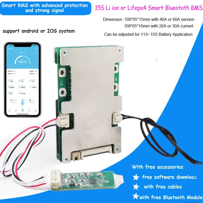 15S Lifepo4 Battery Smart Bluetooth BMS for 48V or 54V Battery Pack with 20A 30A 40A or 60A constant current with APP software
15S Lifepo4 Battery Smart Bluetooth BMS for 48V or 54V Battery Pack with 20A 30A 40A or 60A constant current with APP software