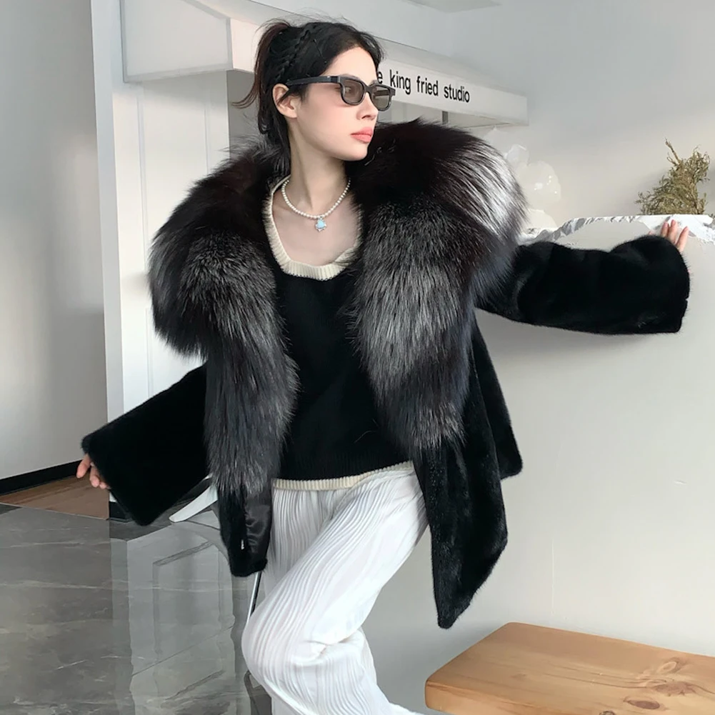 Denny&Dora Women's Mink Fur Coat Silver Fox Lapel Collar Woman Coat Black Fur Coat Denny&Dora Women's Mink Fur Coat Silver Fox Lapel Collar Woman Coat Black Fur Coat