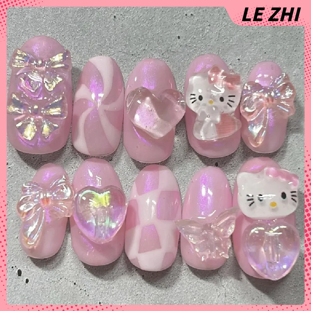

Kawaii Hello Kitty Pink Short Almond Artifical Full Cover Nail 3D Butterfly Bowknot Design Reusable Fake Nails Anniversary Gift