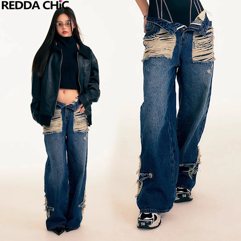 

ReddaChic Ripped Star Patches Women Baggy Jeans High Rise Stright Frayed Wide Leg Loose Pants Unisex Grunge Hio-hop Streetwear